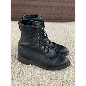 Justin Boots Black Leather Lace Up Conductor Work Boots Ankle Mid 763 Mens 9.5 D